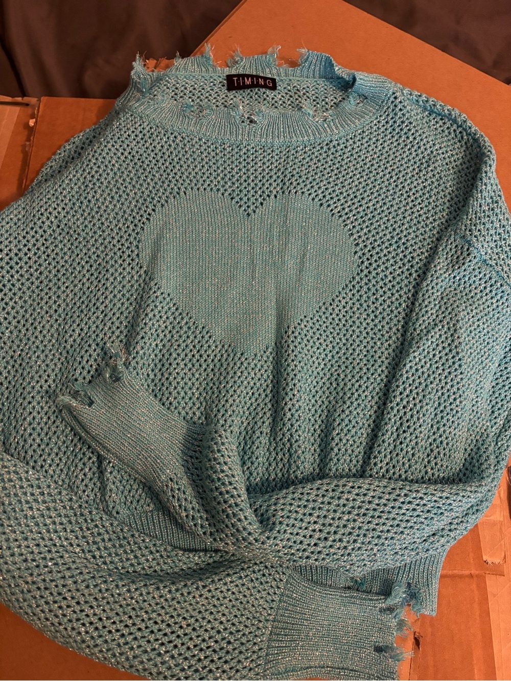 Timing Aqua Heart Open-Knit Crewneck Sweater NWOT